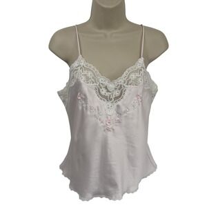 Vintage 80s Sara Beth Satin Cami Top Small Pink White Lace Embroidered Beaded